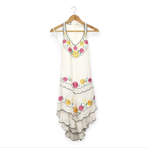 Sue Wong Dresses & Skirts - Sue Wong White Linen Floral Embroidery Scalloped Halter Midi Dress